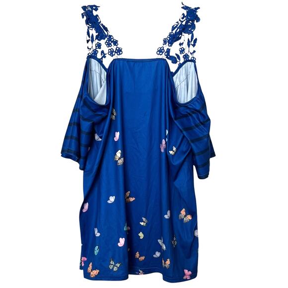 NO MFG. TAG SHORT/COLD SHOULDER PULL-OV CAMISOLE-WOMEN, L-BLUE-BUTTERFLIES, LACE - Picture 5 of 11